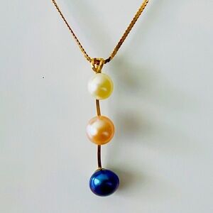 Vintage 10k Gold White, Peach, Black Pearl Pendant on 14k Gold Chain Nec…